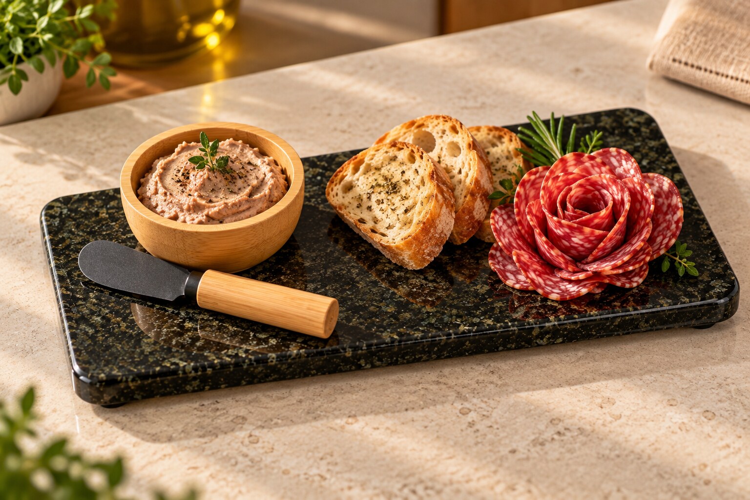 Kit aperitivo em granito Verde Ubatuba com pão, patê e rosa de salame